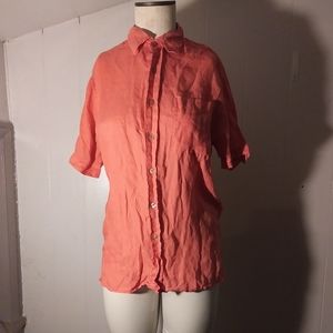 Armani Exchange Coral Pink 100% Linen collared short sleeve blouse size small